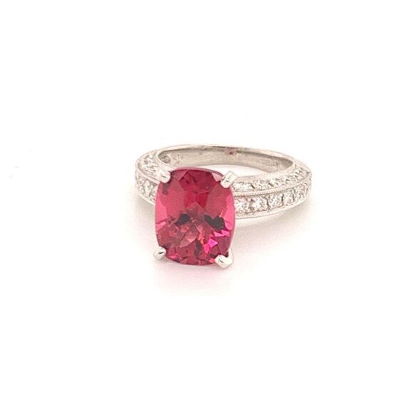 Diamond Tourmaline Rubellite Ring 3 Platinum 3.72 TCW Certified 910749 - Picture 6 of 11